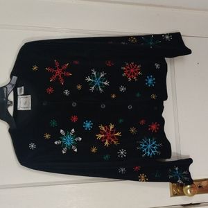 Michael Simon Lite Snowflake Winter Black Velveteen Cardigan Jacket, M